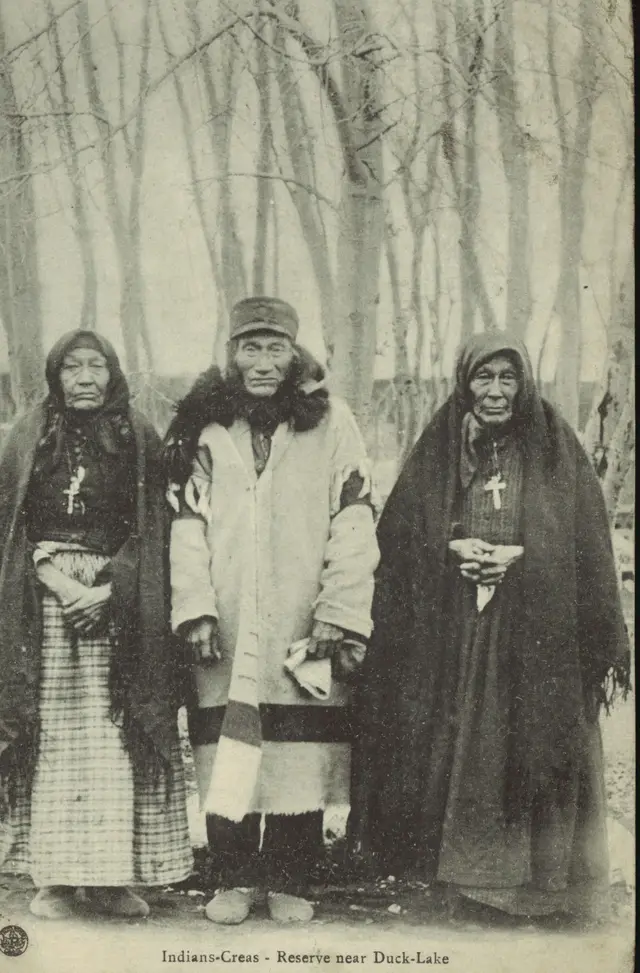 Three elderly Cree people on a reserve near Duck Lake